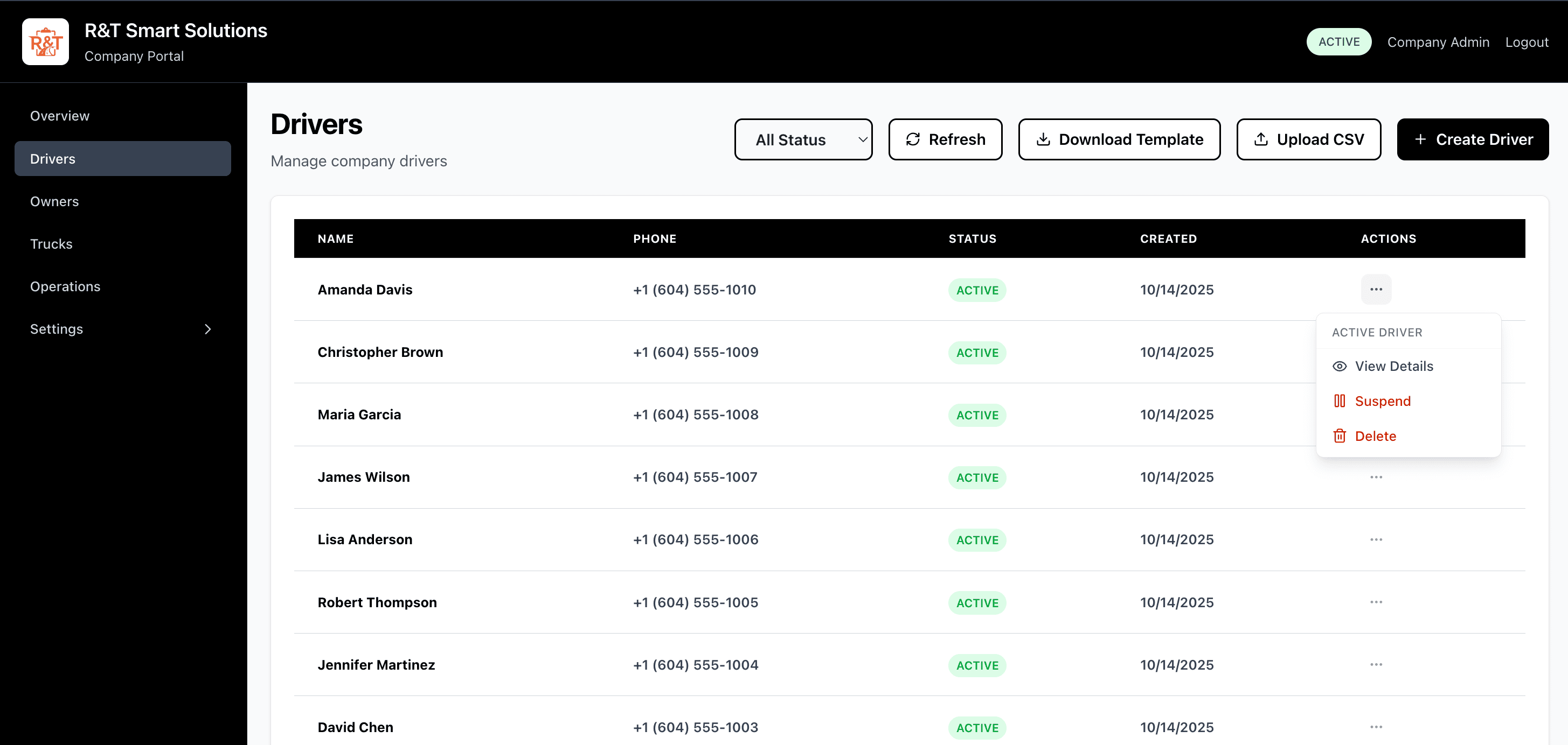 Drivers Tab showing driver directory and management actions
