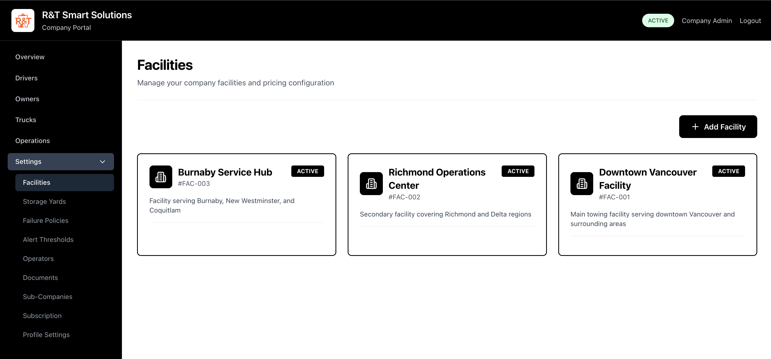 Facilities Tab with service hubs and territory coverage