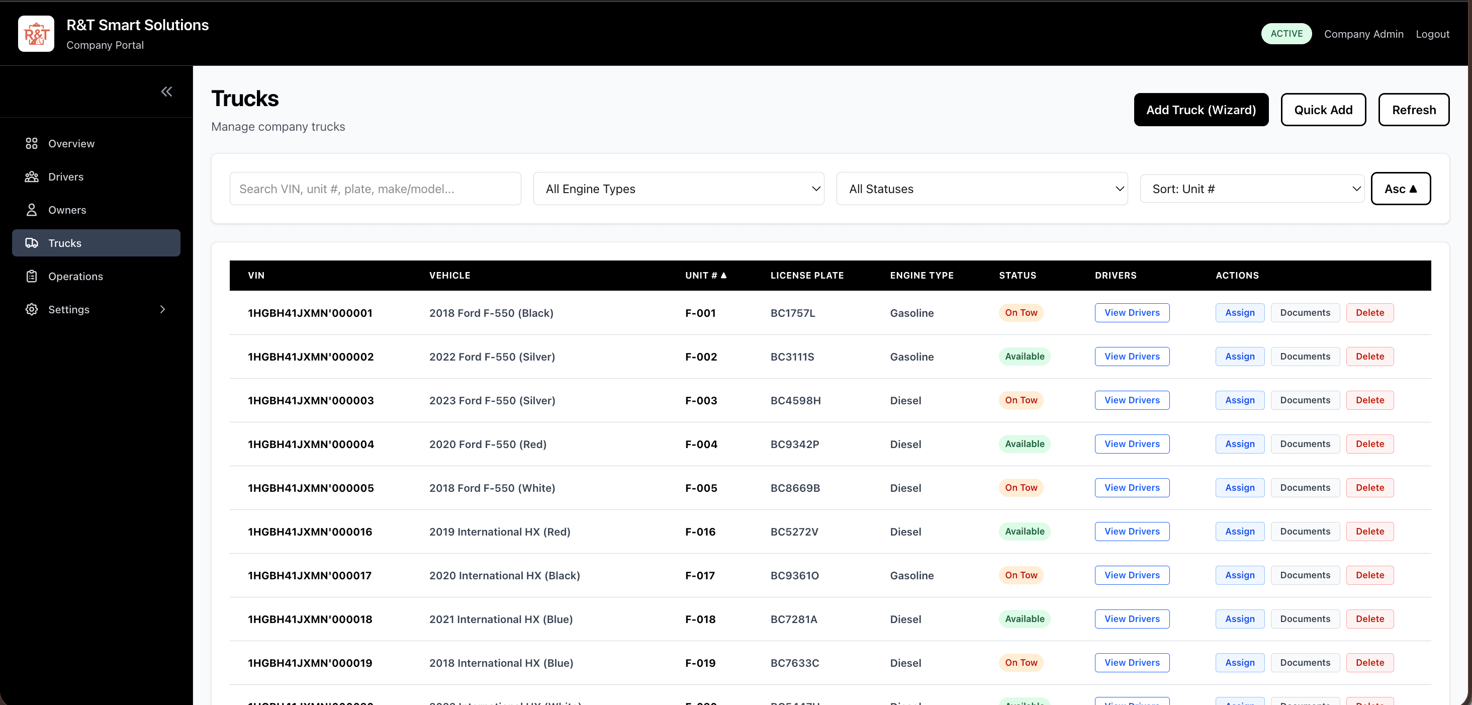 Truck Info Tab with fleet directory and driver assignments