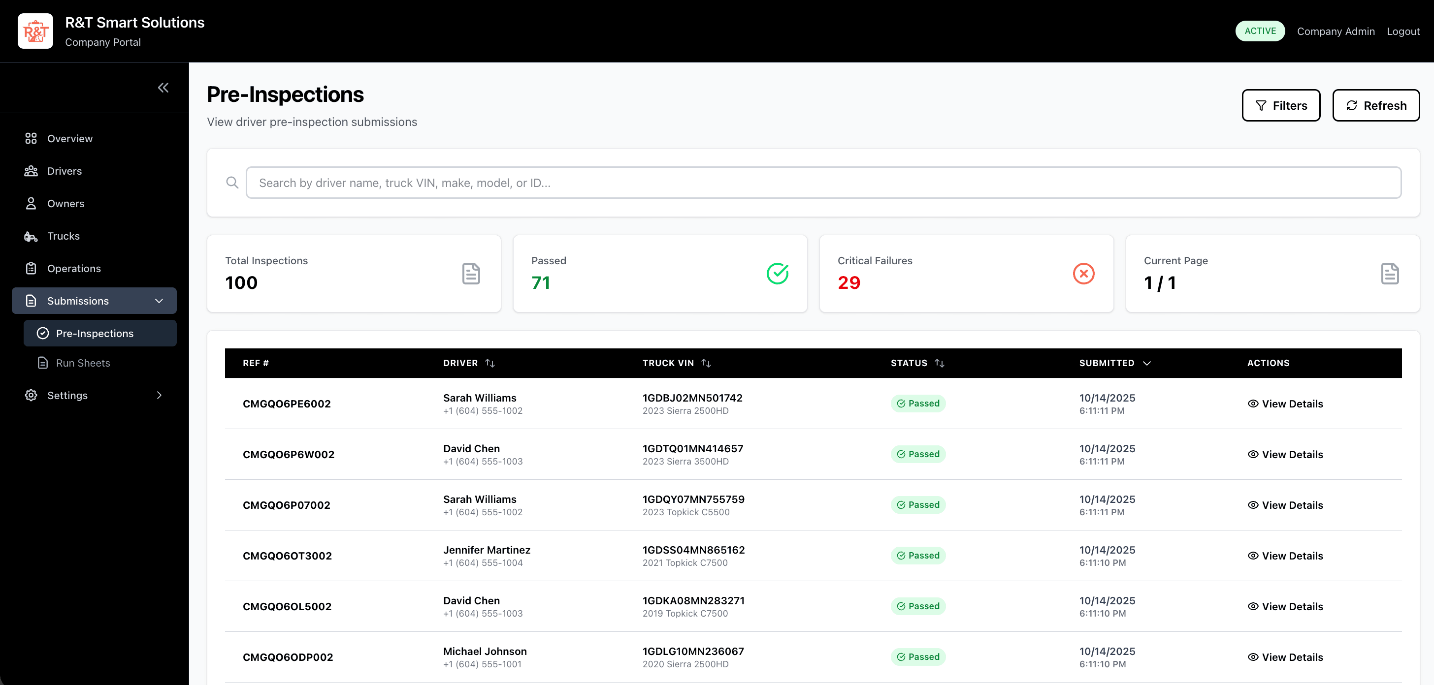 Submissions Tab showing driver pre-inspection records and results